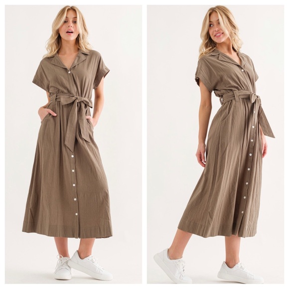 02 Boho Solid Linen Self Tie Waist Long Dress - Picture 1 of 4